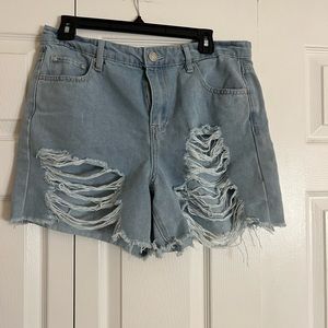 Distressed denim shorts